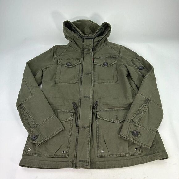 Levi's Women's Hooded Jacket Size Small Army Green Cotton Button Front Jacket - Picture 1 of 14